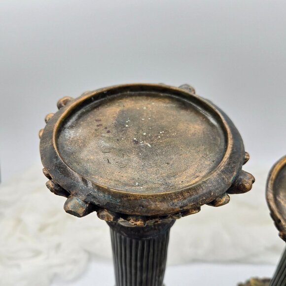 Set of 3 Roman Style Candlesticks | Vintage Green & Gold Pillar Candle Holders - Picture 5 of 12